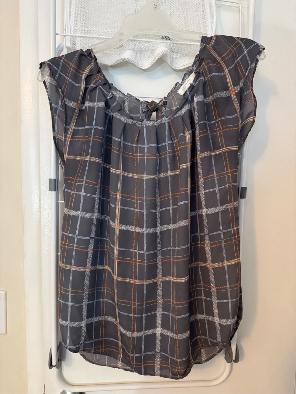 LC Lauren Conrad Gray Plaid Cap-Sleeve Blouse with Orange Accents